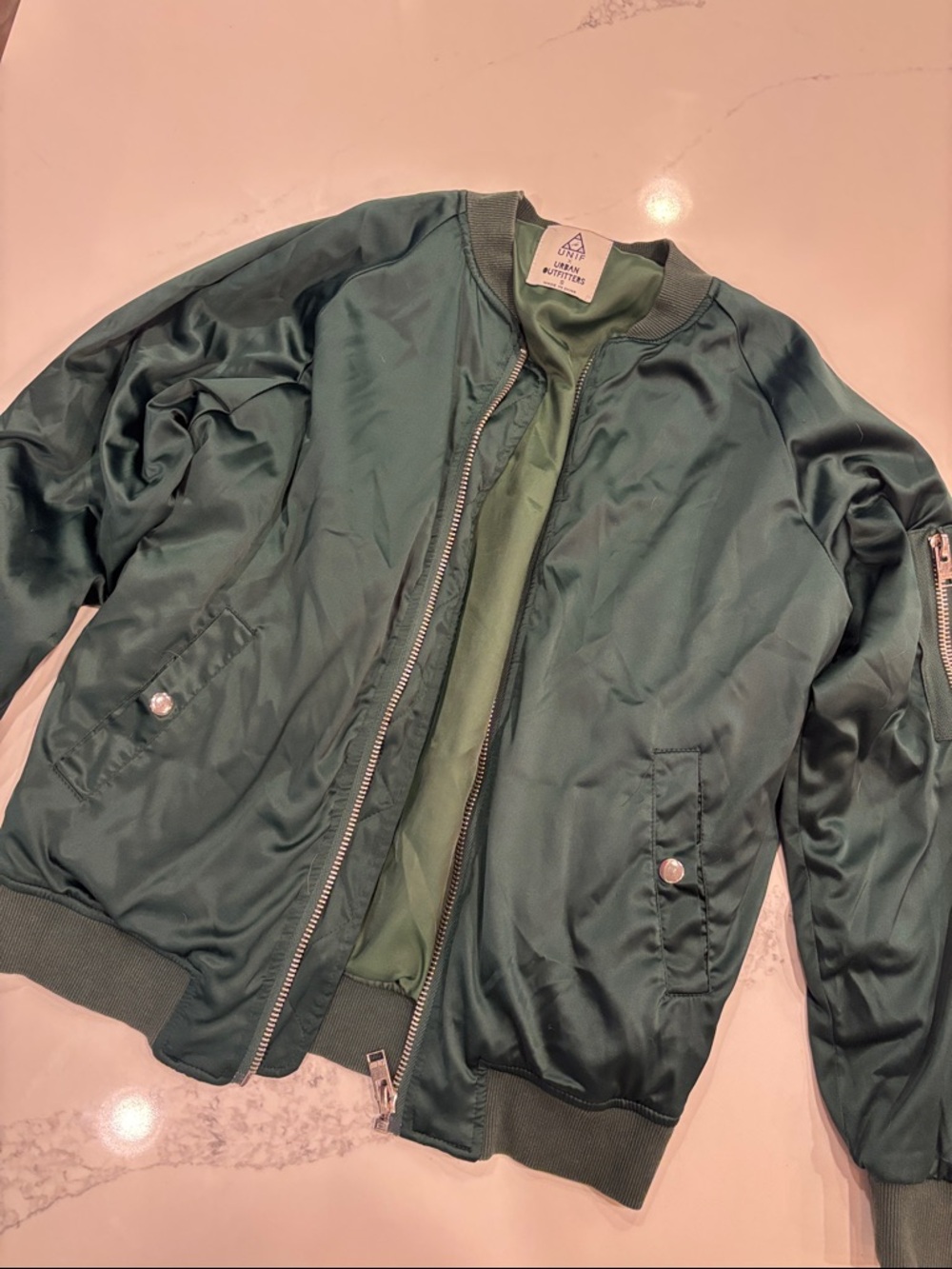 UNIF x Urban Outfitters Green Bomber Jacket Satin Zip Up Size S